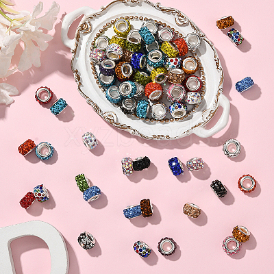 80Pcs Polymer Clay Rhinestone European Large Hole Beads with Silver Color Plated Brass Cores FPDL-LT0001-02F-1