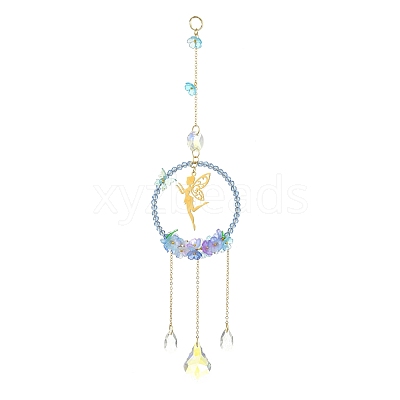 Teardrop Flower Glass & Acrylic Beads Suncatcher with 201 Stainless Steel Fairy Pendants HJEW-JM04988-02-1