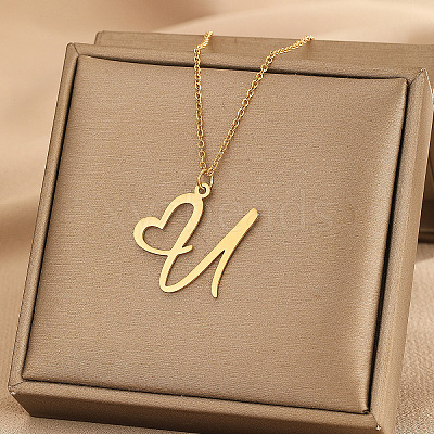 304 Stainless Steel Heart Initial Pendant Necklaces for Women Men FS-WG51A4F-15-1