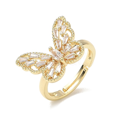 Adjustable Brass Butterfly Finger Rings with Clear Cubic Zirconia CU-CBA7E55-18G-01-1