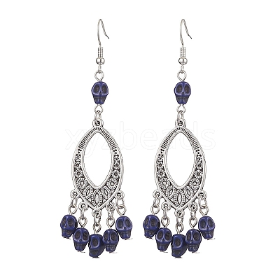 Halloween Skull Dyed Synthetic Turquoise & Alloy Dangle Earrings EJEW-JE05890-04-1
