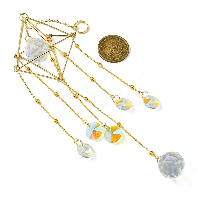 Glass Round Ball with Brass Chains Hanging Pendant Decorations HJEW-JM01298-1