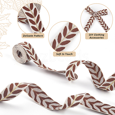 3 Yards Polyester Leaf Jacquard Ribbons SRIB-WH20020-020D-1