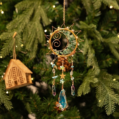 Wire Wrapped Natural Green Aventurine & Metal Sun with Moon Pendant Decorations PW-WG96896-01-1