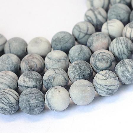 Frosted Natural Black Silk Stone/Netstone Round Bead Strands G-E334-8mm-25-1