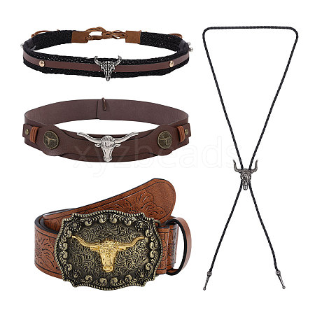 CHGCRAFT 4Pcs 4 Styles PU Leather Waist Belt and Alloy Cattle Bolo Ties AJEW-CA0004-32-1