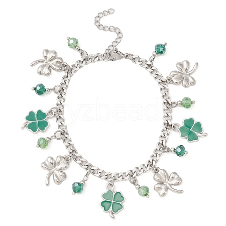 Alloy Clover & Glass Charm Bracelet with 304 Stainless Steel Curb Chains for Saint Patrick's Day BJEW-TA00302-1