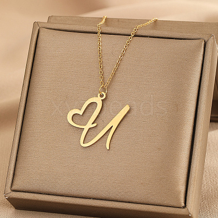 304 Stainless Steel Heart Initial Pendant Necklaces for Women Men FS-WG51A4F-15-1