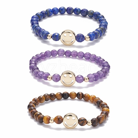 Faceted Round Natural Tiger Eye & Lapis Lazuli & Amethyst Beads Stretch Bracelets Set BJEW-JB07082-1