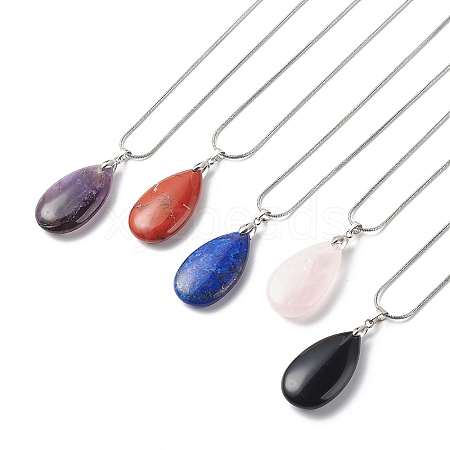 5Pcs 5 Style Natural Mixed Gemstone Teardrop Pendant Necklace Set with 304 Stainless Steel Chains for Women NJEW-JN04062-1