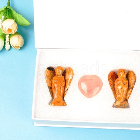 Natural Tiger Eye Carved Healing Angel & Rose Quartz Heart Set Figurines PW-WG65171-06-1