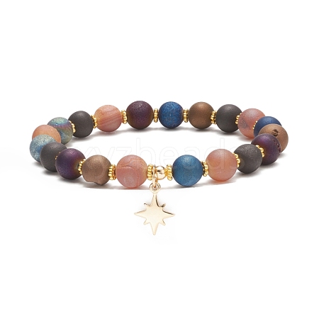 Natural Agate Round Beaded Stretch Bracelet with Brass Star Charm BJEW-JB08647-1