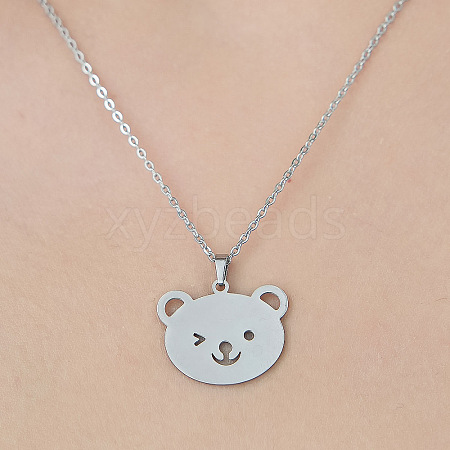 Non-Tarnish 201 Stainless Steel Hollow Bear Pendant Necklace NJEW-OY001-96-1