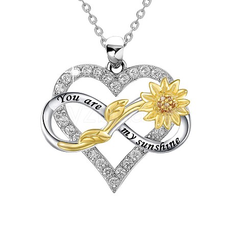 Brass Micro Pave Clear Cubic Zirconia Infinity Heart with Sunflower Pendant Necklaces for Women NJEW-G146-01P-1