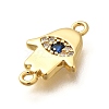 Brass Micro Pave Clear & Blue Cubic Zirconia Religion Hamsa Hand with Eye Connector Charms KK-Q043-10G-2