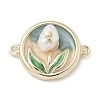 Brass Enamel Flat Round with Rose Connector Charms KK-M308-01G-02-1