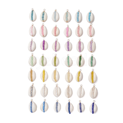 42Pcs 42 Styles Natural Cowrie Shell & Glass Seed Beads Pendants PALLOY-JF02759-1