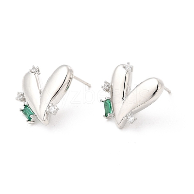 Green Cubic Zirconia Heart Stud Earrings EJEW-P213-13P-1