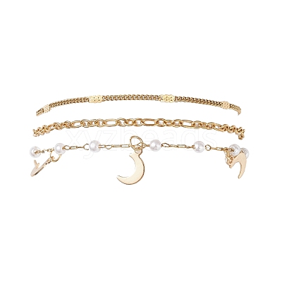 Round ABS Imitation Pearl Beaded Chains & 304 Stainless Steel Cable Chains Stackable Bracelets for Women BJEW-JB12452-03-1