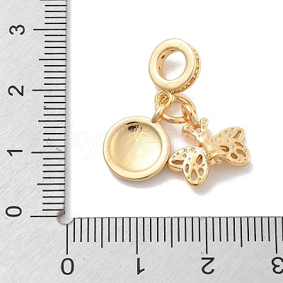Brass Clear Cubic Zirconia Butterfly & Flat Round European Dangle Charms KK-M305-17G-1