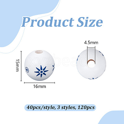 120Pcs 3 Styles Printed Blue and White Porcelain Wood Beads WOOD-OC0004-16-1