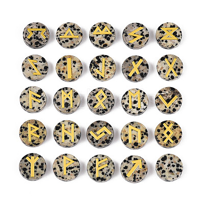 Brass Elder Futhark Alphabet Engraved Symbol Flat Round Natural Dalmatian Jasper Rune Stones G-I373-01D-1