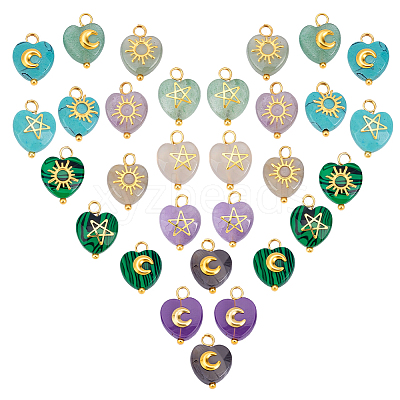 30Pcs 5 Styles Natural Amethyst & Grey Agate & Green Aventurine & Synthetic Malachite & Turquoise Faceted Hearted Charms with Brass Sun Star Moon Slices PALLOY-PHE00010-1