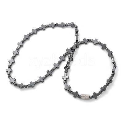 Round Cross Synthetic Non-Magnetic Hematite Beaded Necklaces NJEW-R020-03-1