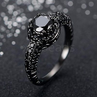 Flat Round Brass Jet Rhinestone Finger Rings FS-WG232E0-05-1