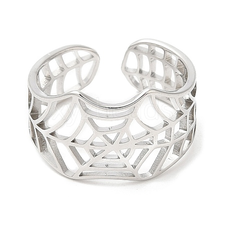 Non-Tarnish 304 Stainless Steel Hollow Spider Web Open Cuff Ring for Women RJEW-M149-25P-1