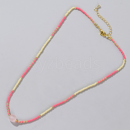 Summer Beach Style Natural Rose Quartz & Colorful Seed Beads Beaded Necklace for Women KD2923-4-1