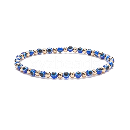 Resin Evil Eye Round Beaded Stretch Bracelet with Brass Beads for Women BJEW-JB08095-1