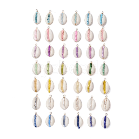 42Pcs 42 Styles Natural Cowrie Shell & Glass Seed Beads Pendants PALLOY-JF02759-1