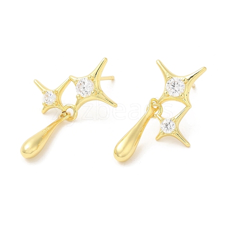 Rack Plating Brass Pave Cubic Zirconia Star with Teardrop Dangle Stud Earrings for Women EJEW-D059-25G-1