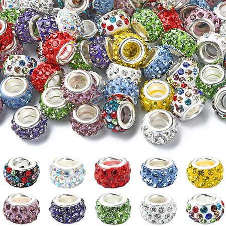 100Pcs 10 Colors Polymer Clay Rhinestone European Large Hole Beads with Silver Color Plated Brass Cores FIND-YW0004-88-1