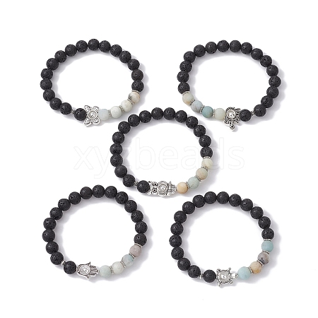 Natural Flower Amazonite & Lava Rock & Alloy Beaded Stretch Bracelet BJEW-JB09746-1