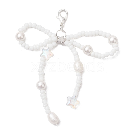 Bowknot Natural Cultured Freshwater Pearl & Glass Beaded Pendant Decoration HJEW-TA00231-1