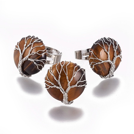 Adjustable Natural Tiger Eye Finger Rings RJEW-L090-A06-1