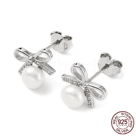 Anti-Tarnish Cubic Zirconia Bowknot with Natural Pearl Stud Earrings EJEW-F318-09P-1