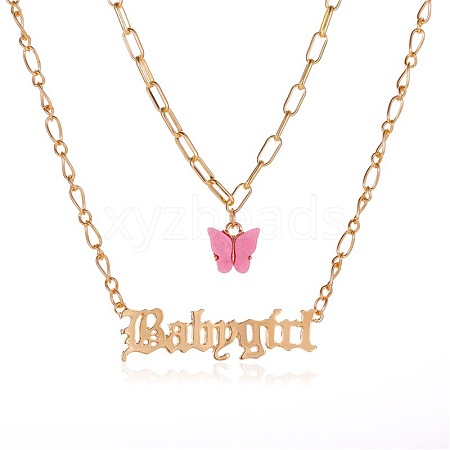 Acrylic Butterfly with Alloy Word Babygirl Pendant Double Layer Necklaces for Women WG9E726-04-1