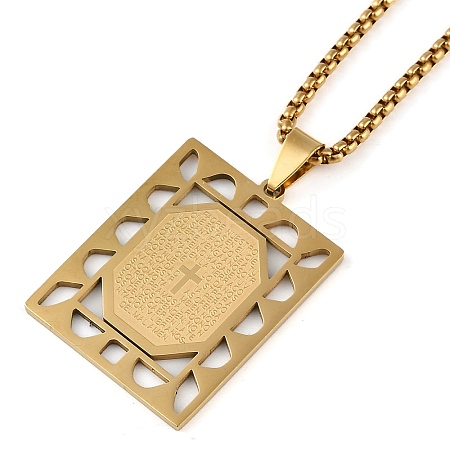 304 Stainless Steel Hollow Rectangle with Cross Pendant Box Chain Necklaces NJEW-D089-06G-1