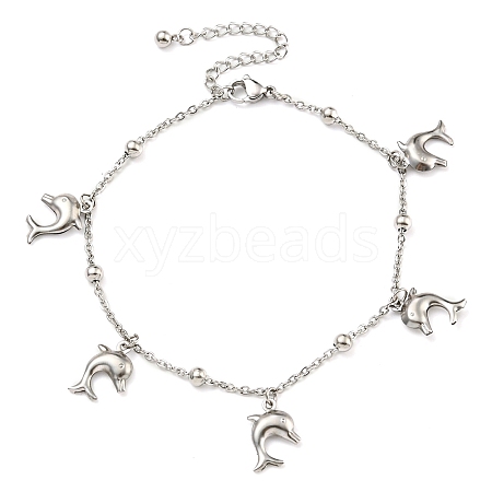 Non-Tarnish 304 Stainless Steel Cable Chains Dolphin Charm Bracelets BJEW-P334-03P-1