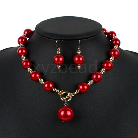 ABS Plastic Imitation Pearl Round Beaded Pendant Necklaces & Dangle Earrings Sets for Women WGD1C77-04-1