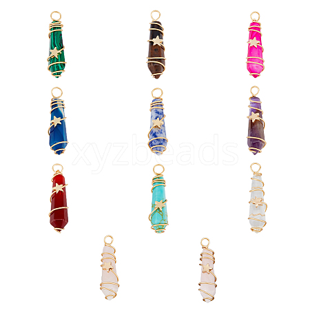 SUPERFINDINGS 10Pcs 10 Styles Gemstone & Glass Pointed Copper Wire Wrapped Pendants FIND-FH0006-76-1