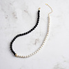 Natural Black Obsidian & Shell Pearl Round Beaded Necklaces NJEW-L125-006G-4