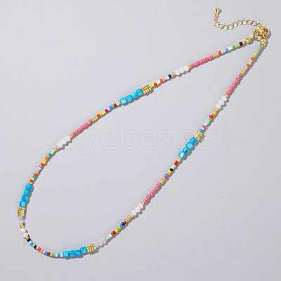 Ethnic Style Rainbow Color Square Natural Shell & Glass & Glass Seed Beaded Necklaces for Women LS-RH4254-1-1