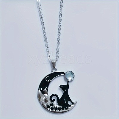 Alloy Jet Rhinestone Enamel Black Moon with Cat Shape Pendant Necklaces for Women WG3CB78-01-1