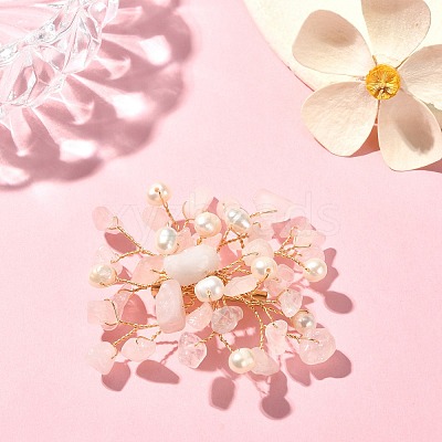 Natural Rose Quartz Chips & Pearl Beaded Flower Brooch Pin JEWB-BR00098-03-1