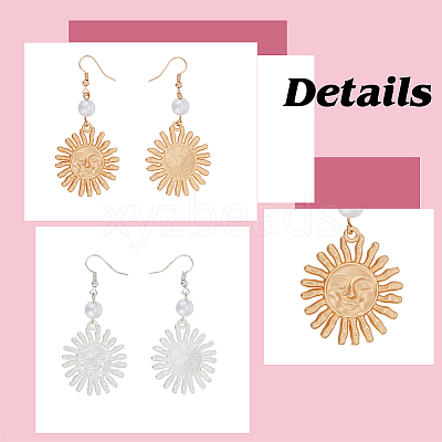 2 Pairs 2 Colors Alloy Sun with Smiling Face Dangle Earrings with Plastic Pearl Beaded EJEW-AN0001-82-1