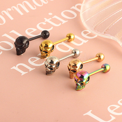 Skull 304 Stainless Steel Straight Barbell 15 Gauge Piercing Tongue Rings for Women Men FS-WG07D05-03-1